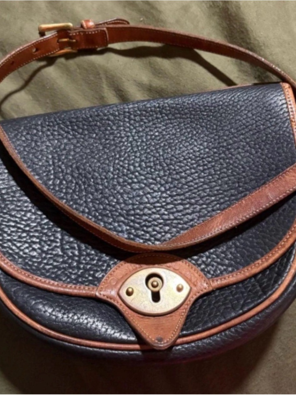 Dooney & Bourke Black Pebbled Leather Saddle Bag with Brown Trim